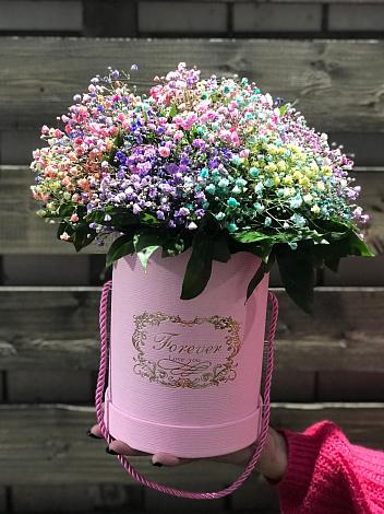 Цветочная композиция из Гипсофила и Розы в шляпной коробке в Алзамае