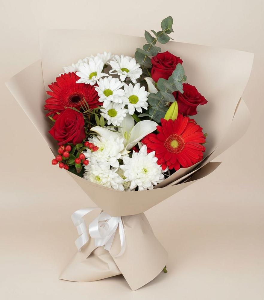 Букет цветов из: Розы, Хризантемы, Герберы и Лилии в Алзамае