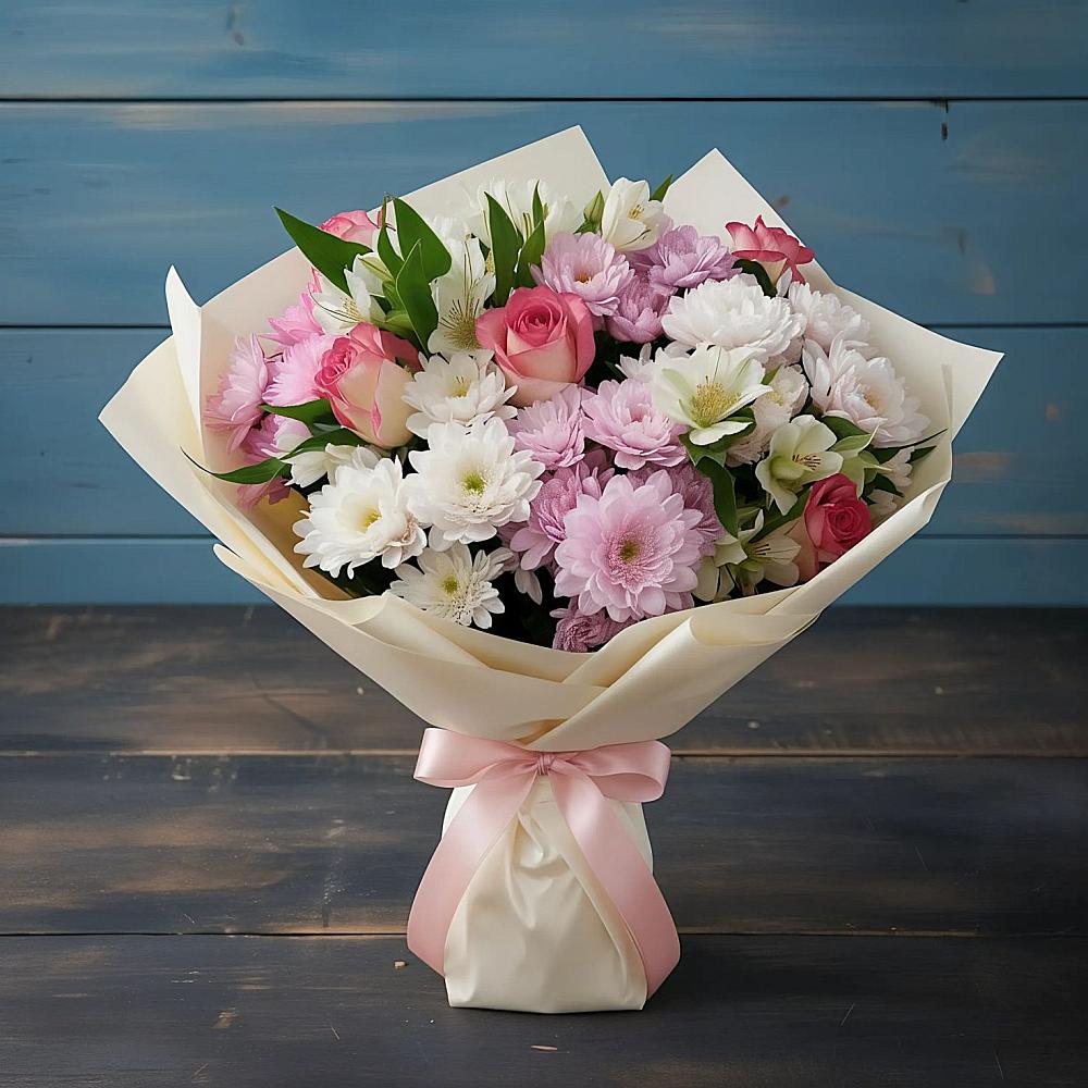 Букет цветов из: Хризантемы, Альстромерии и Розы в Алзамае